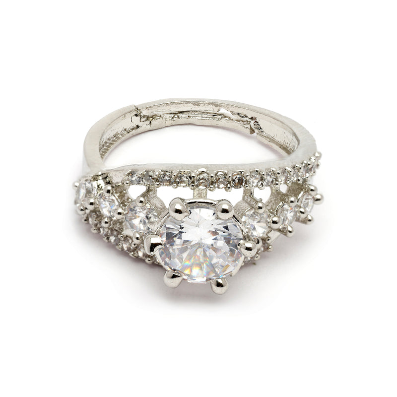 Rhodium Plated Silver Toned White American Diamond Studded Adjustable Ring