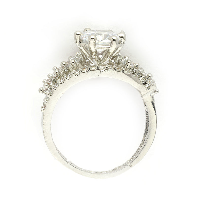 Rhodium Plated Silver Toned White American Diamond Studded Adjustable Ring