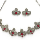 Oxidized Plated with Silver Filigree Design Red Stone Studded Jewellery Set