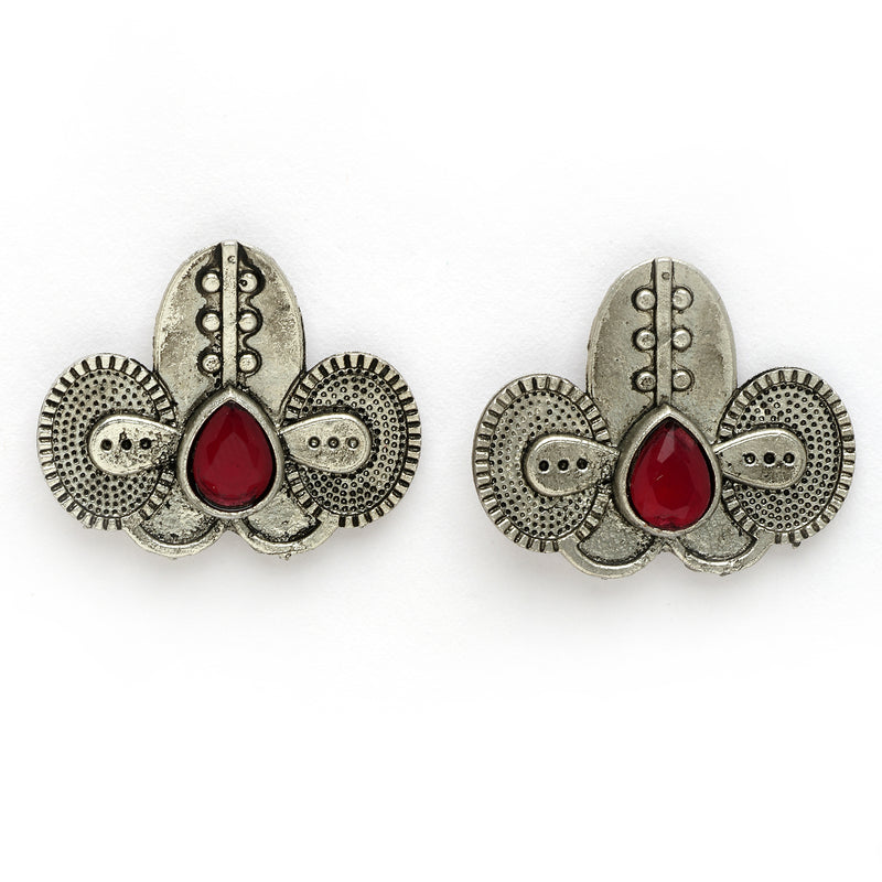 Oxidized Plated with Silver Filigree Design Red Stone Studded Jewellery Set