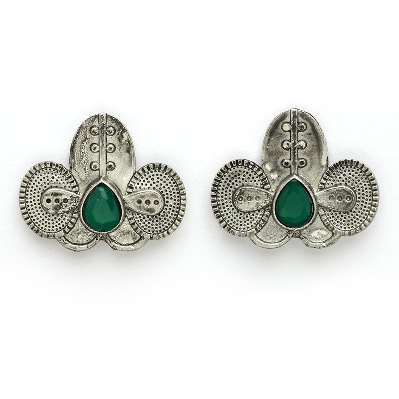 Oxidized Plated with Silver Filigree Design Green Stone Studded Jewellery Set