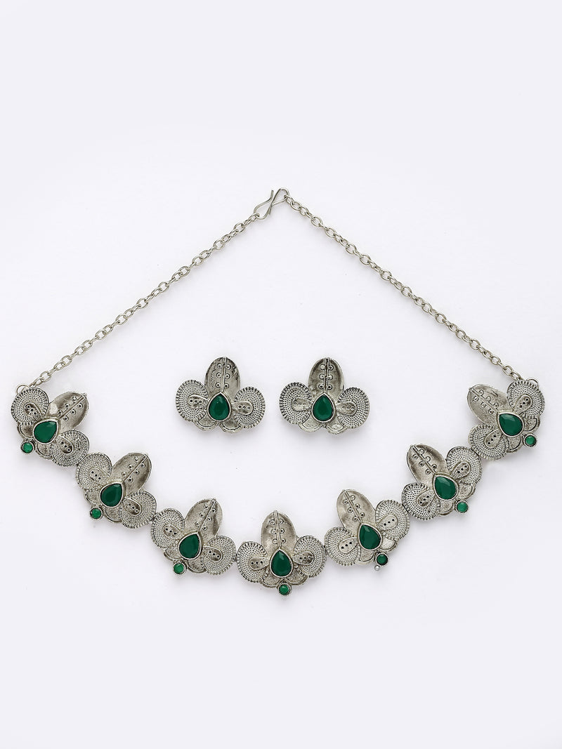 Oxidized Plated with Silver Filigree Design Green Stone Studded Necklace Set