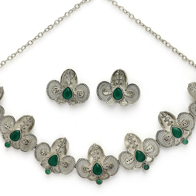 Oxidized Plated with Silver Filigree Design Green Stone Studded Jewellery Set