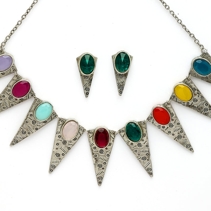 Oxidized Multicolor Cubic Zirconia Stone Studded Jewellery Set