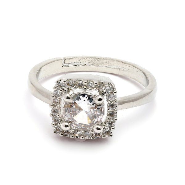 Rhodium Plated Silver Toned Square Shaped White American Diamond Studded Adjustable Ring