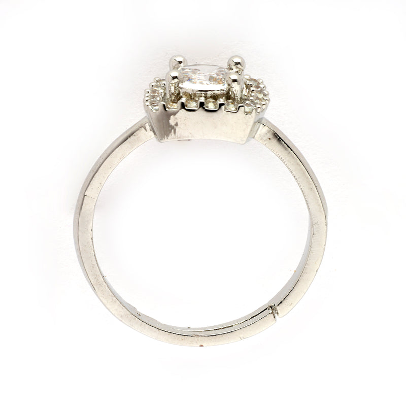 Rhodium Plated Silver Toned Square Shaped White American Diamond Studded Adjustable Ring