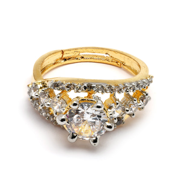 Elegant Gold Plated White American Diamond Studded Sparkling Adjustable Ring