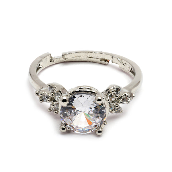 Rhodium Plated Silver Toned Stylish Sleek White American Diamond Studded Adjustable Ring