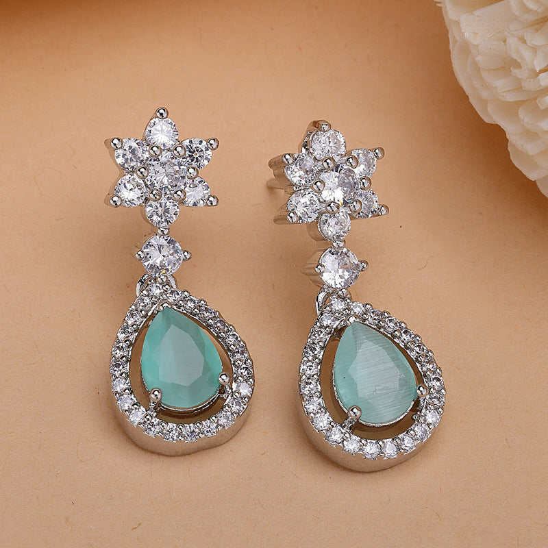 Rhodium Plated Silver Toned Ocean Blue American Diamond Small Drop Earrings