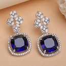 Rhodium Plated Cushion Cut Blue American Diamond Contemporary Long Drop Earrings