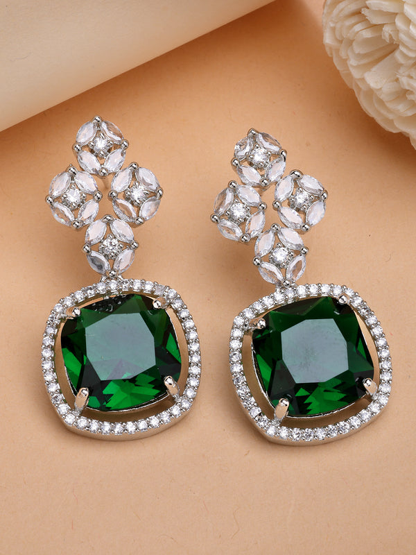 Rhodium Plated Silver Toned with Green American Diamond Small Drop Earrings