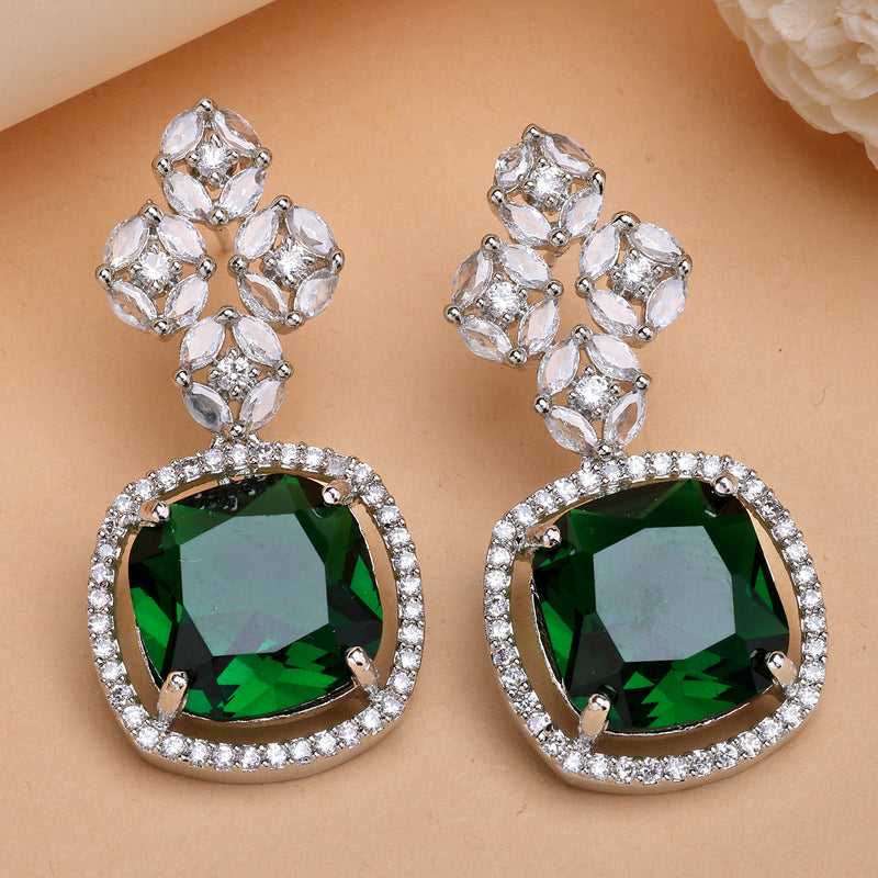 Rhodium Plated Silver Toned with Green American Diamond Small Drop Earrings