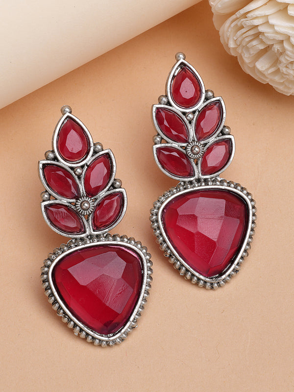 Oxidized Plated with Red Cubic Zirconia Drop Earrings