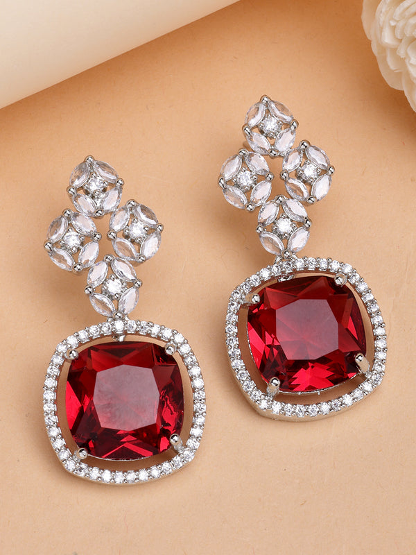 Rhodium Plated Silver Toned with Red American Diamond Small Drop Earrings