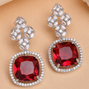 Rhodium Plated Cushion Cut Red American Diamond Contemporary Long Drop Earrings
