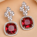 Rhodium Plated Silver Toned with Red American Diamond Small Drop Earrings