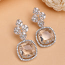 Rhodium Plated Cushion Cut White American Diamond Contemporary Long Drop Earrings