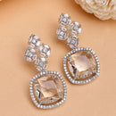 Rhodium Plated Silver Toned with White American Diamond Small Drop Earrings