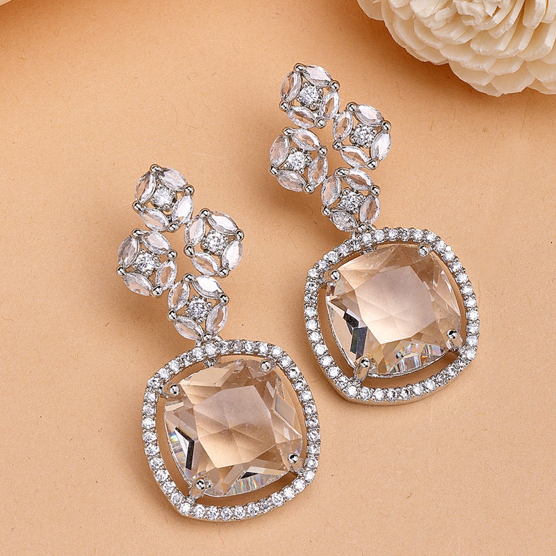 Rhodium Plated Silver Toned with White American Diamond Small Drop Earrings