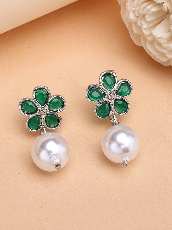 Rhodium Plate Silver Toned Green American Diamond with Pearl Stud Earrings