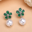 Rhodium Plate Silver Toned Green American Diamond with Pearl Stud Earrings
