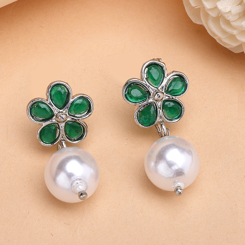 Rhodium Plate Silver Toned Green American Diamond with Pearl Stud Earrings