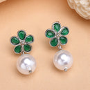 Rhodium Plated Flower Green American Diamond Office Wear Drop Earrings