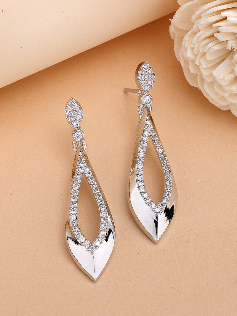 Rhodium Plated Silver Toned with Stylish American Diamond Small Drop Earrings