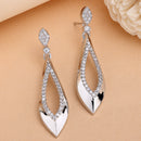 Rhodium Plated Elongated Leaf White American Diamond Contemporary Long Drop Earrings