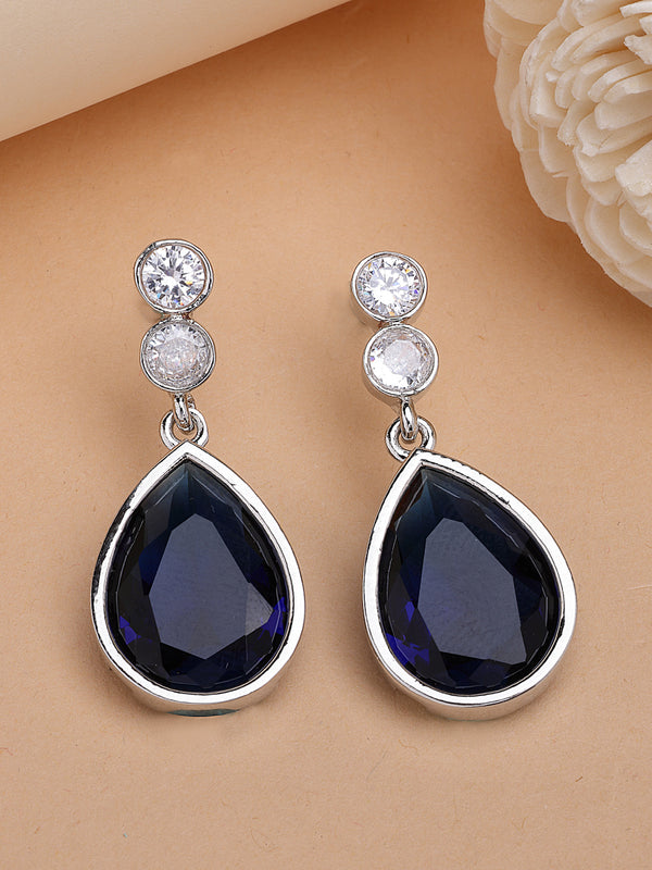 Rhodium Plated Silver Tone with Blue American Diamond Small Drop Earrings