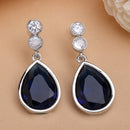 Rhodium Plated Designer Teardrop Blue AD Contemporary Drop Earrings