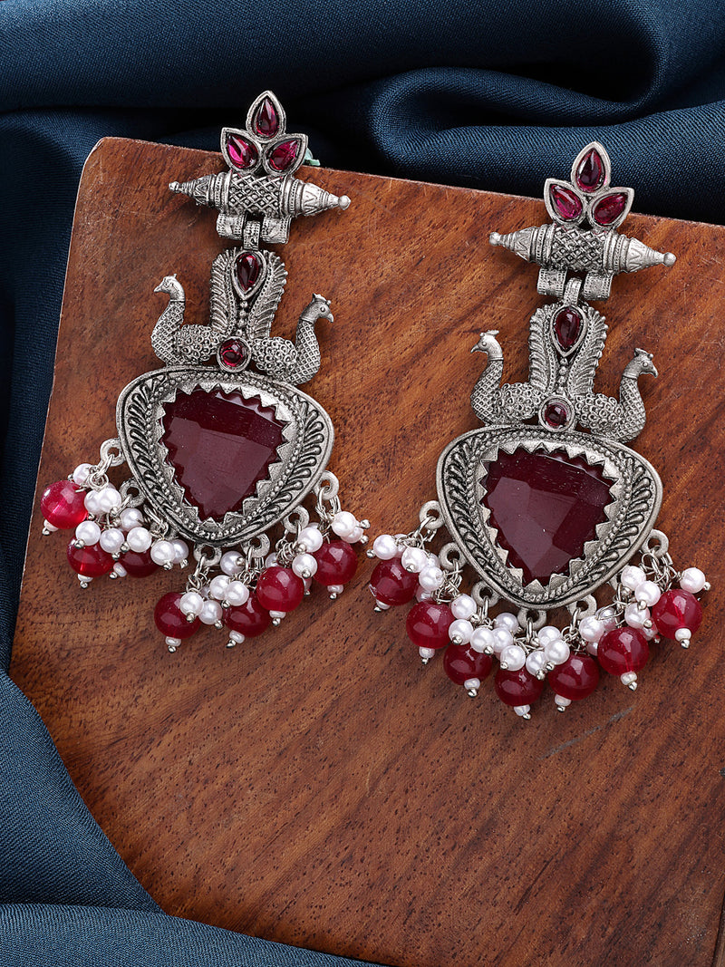 Oxidized Plated with Red & White Pearl Cubic Zirconia Danglers Earrings