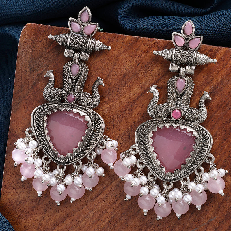 Oxidized Plated with Pink & White Pearl Cubic Zirconia Danglers Earrings