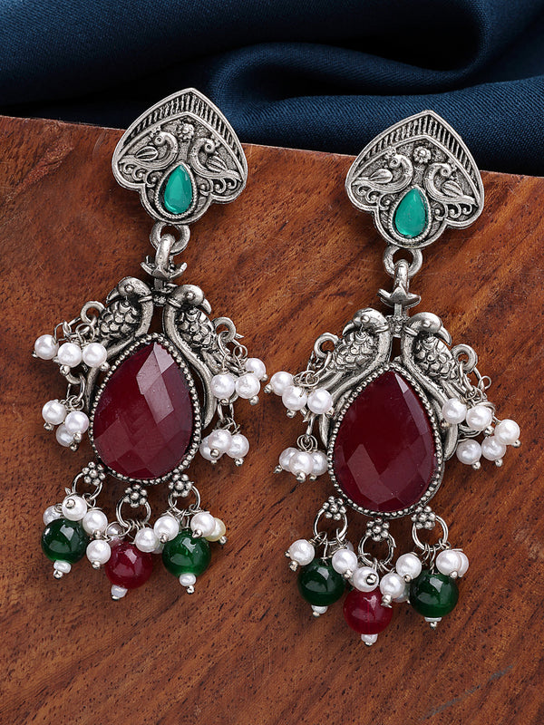 Oxidized Plated with Red & Green Cubic Zirconia Danglers Earrings