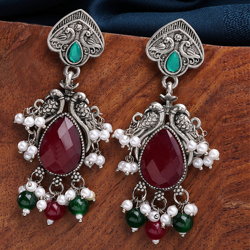 Oxidized Plated with Red & Green Cubic Zirconia Danglers Earrings