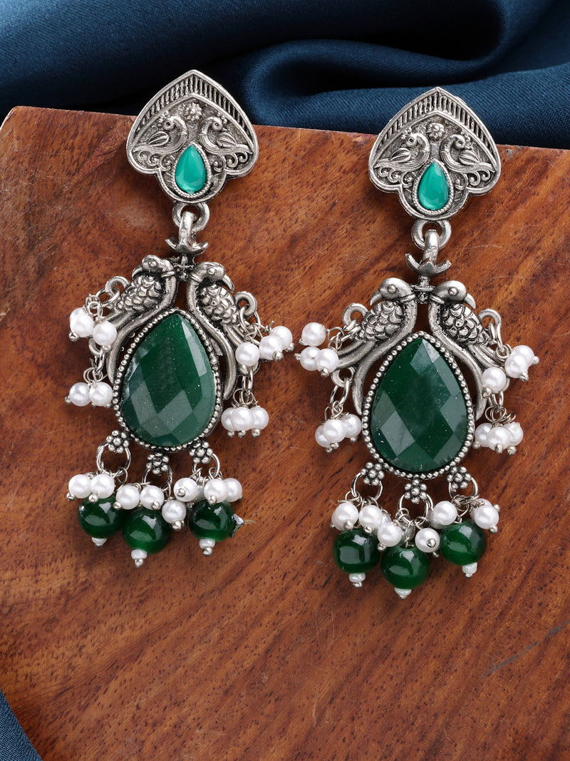 Oxidized Plated with Green Cubic Zirconia Danglers Earrings