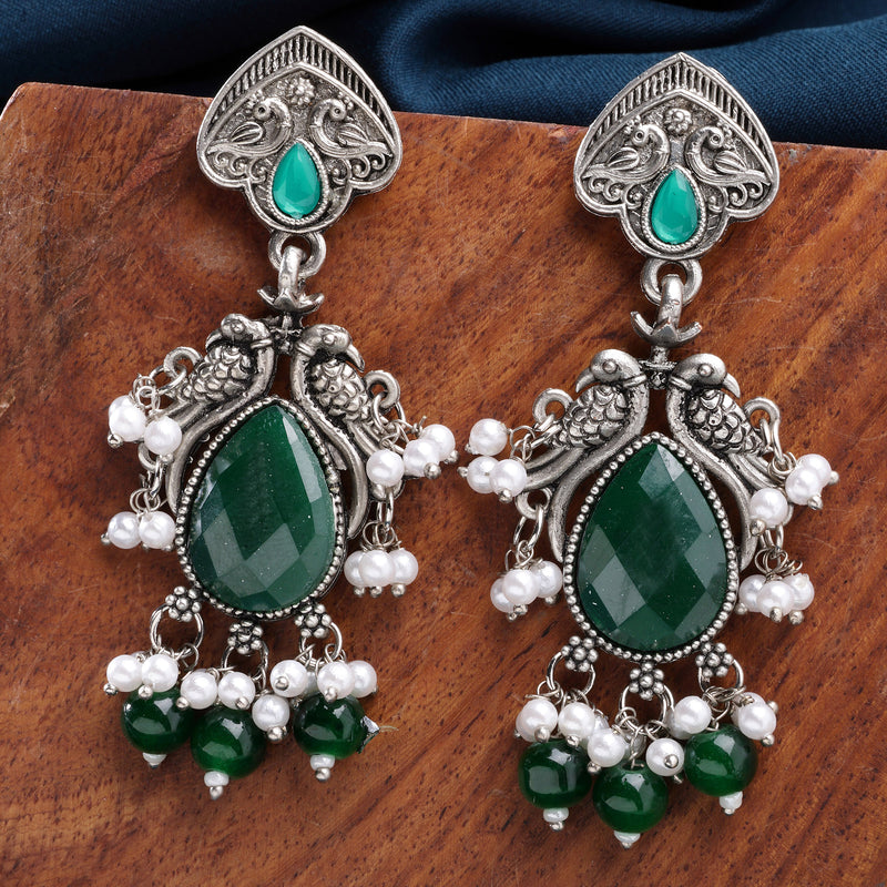 Oxidized Plated with Green Cubic Zirconia Danglers Earrings