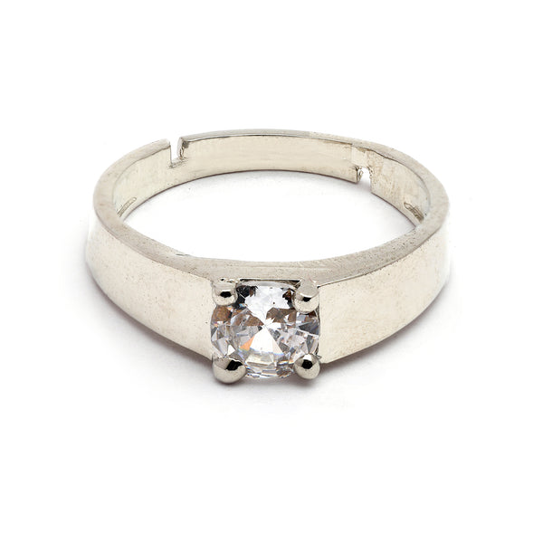 Rhodium Plated Silver Toned White American Diamond Studded Adjustable Band Ring