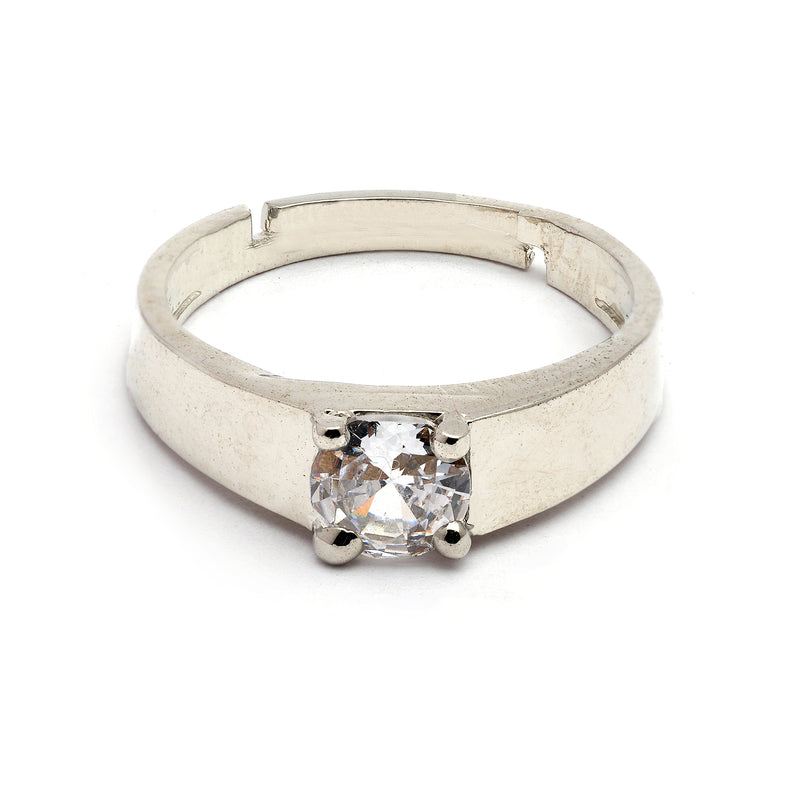 Rhodium Plated Silver Toned White American Diamond Studded Adjustable Band Ring