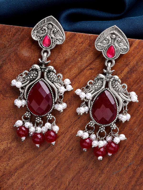 Oxidized Plated with Red Cubic Zirconia Danglers Earrings