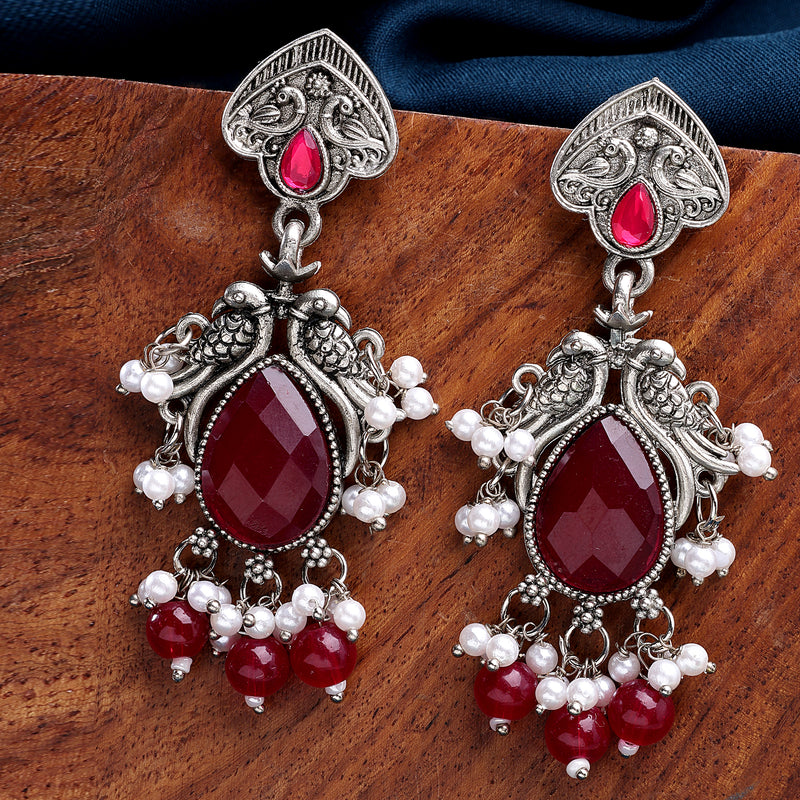 Oxidized Plated with Red Cubic Zirconia Danglers Earrings