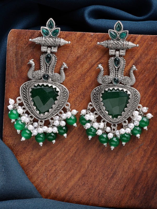 Oxidized Plated with Green & White Pearl Cubic Zirconia Danglers Earrings