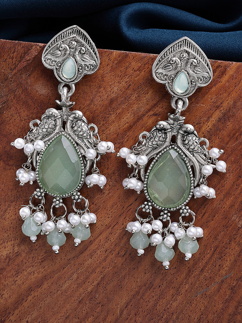 Oxidized Plated with Sea Green Cubic Zirconia Danglers Earrings