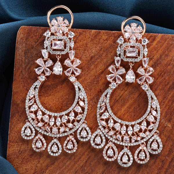 Rose Gold Plated with Tiny White American Diamond Dangler Earrings