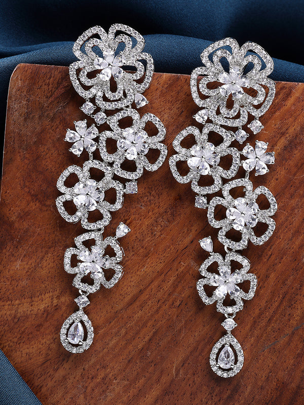 Rhodium Plated American Diamond Crystal Floral Dangler Earrings