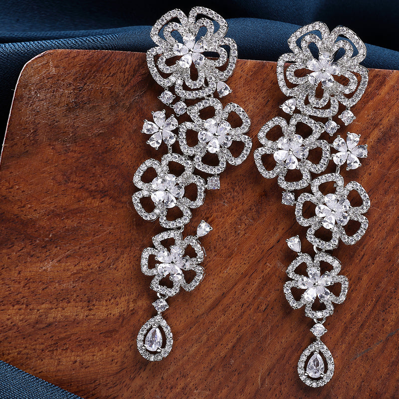 Rhodium Plated American Diamond Crystal Floral Dangler Earrings