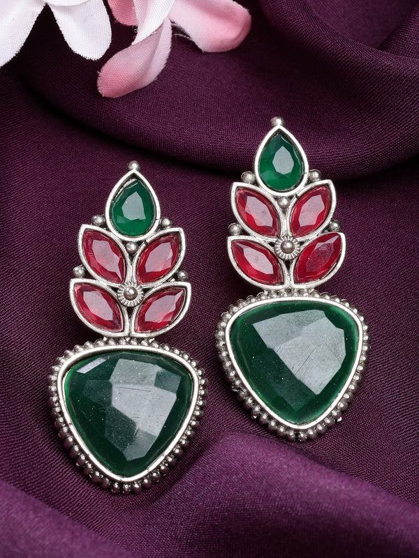 Oxidized Plated with Red & Green Cubic Zirconia Drop Earrings