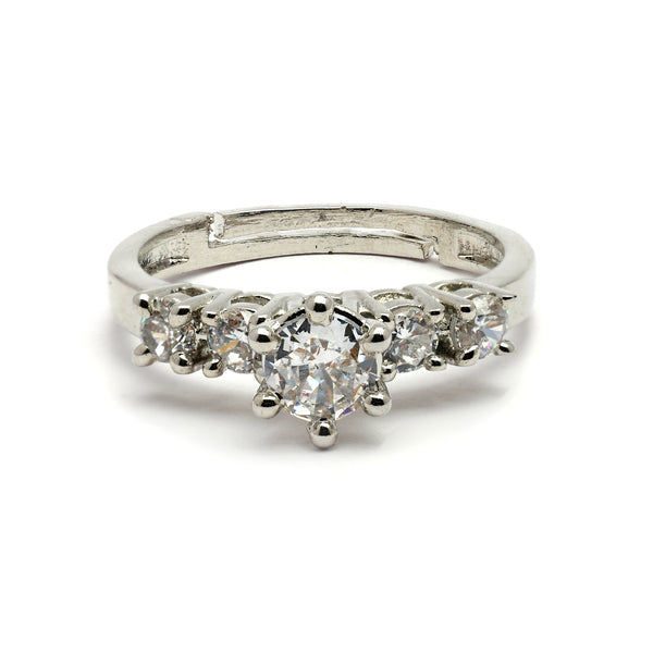 Rhodium Plated Silver Toned American Diamond Studded Adjustable Ring