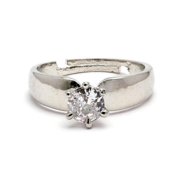 Rhodium Plated Silver Toned White American Diamond Studded Band Adjustable Ring