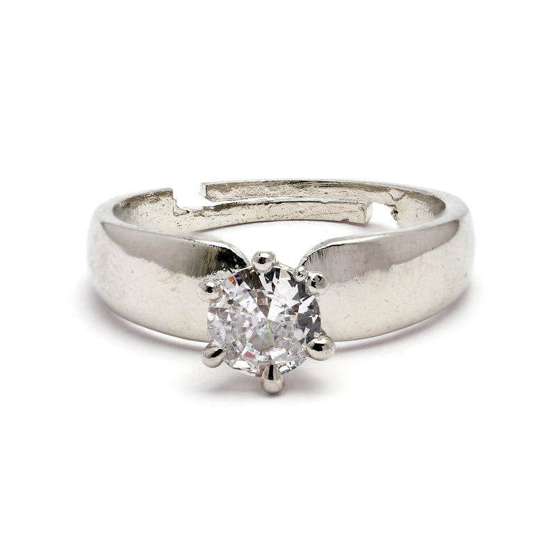 Rhodium Plated Silver Toned White American Diamond Studded Band Adjustable Ring